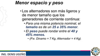 INST: JAIVER ELVIS ESCUDERO
VILLANUEVA
Menor espacio y peso
•Los alternadores son más ligeros y
de menor tamaño que los
generadores de corriente continua:
• Para una misma potencia nominal, el
tamaño es de un 25 a 35% menor.
• El peso puede rondar entre el 40 y
45% menos.
• (P.e. Dinamo = 7 Kg, Alternador = 4 Kg).
 