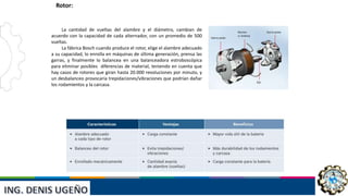 INST: JAIVER ELVIS ESCUDERO
VILLANUEVA
La cantidad de vueltas del alambre y el diámetro, cambian de
acuerdo con la capacidad de cada alternador, con un promedio de 500
vueltas.
La fábrica Bosch cuando produce el rotor, elige el alambre adecuado
a su capacidad, lo enrolla en máquinas de última generación, prensa las
garras, y finalmente lo balancea en una balanceadora estroboscópica
para eliminar posibles diferencias de material, teniendo en cuenta que
hay casos de rotores que giran hasta 20.000 revoluciones por minuto, y
un desbalanceo provocaría trepidaciones/vibraciones que podrían dañar
los rodamientos y la carcasa.
Rotor:
 