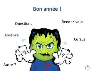 Bon année !
15
Questions
Absence
Rendez-vous
Cursus
Autre ?
?
 
