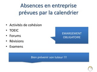 Absences en entreprise
ou à l’école ?
• Codifié par le code du travail !
• Absences hors maladie
– Justificatif et liste limitée (décès, mariage …)
• Maladie
– Arrêt de travail obligatoire
9
Faute lourde en cas de manquement !!!!
 