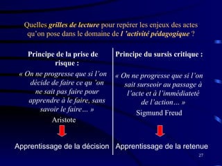 27
Quelles grilles de lecture pour repérer les enjeux des actes
qu’on pose dans le domaine de l ’activité pédagogique ?
Principe de la prise de
risque :
« On ne progresse que si l’on
décide de faire ce qu ’on
ne sait pas faire pour
apprendre à le faire, sans
savoir le faire… »
Aristote
Principe du sursis critique :
« On ne progresse que si l’on
sait surseoir au passage à
l’acte et à l’immédiateté
de l’action… »
Sigmund Freud
Apprentissage de la décision Apprentissage de la retenue
 