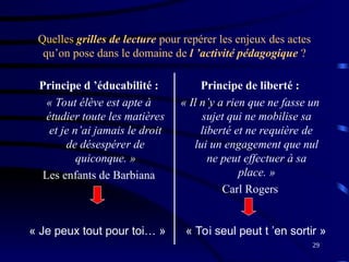 29
Quelles grilles de lecture pour repérer les enjeux des actes
qu’on pose dans le domaine de l ’activité pédagogique ?
Principe d ’éducabilité :
« Tout élève est apte à
étudier toute les matières
et je n’ai jamais le droit
de désespérer de
quiconque. »
Les enfants de Barbiana
Principe de liberté :
« Il n’y a rien que ne fasse un
sujet qui ne mobilise sa
liberté et ne requière de
lui un engagement que nul
ne peut effectuer à sa
place. »
Carl Rogers
« Je peux tout pour toi… » « Toi seul peut t ’en sortir »
 