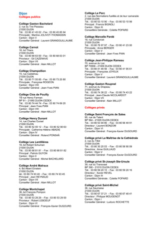 Dijon 
Collèges publics 
Collège Gaston Bachelard 2, rue du Tire Pesseau 21000 DIJON Tél. : 03 80 41 45 02 - Fax : 03 80 45 85 94 Principale : Martine JOLIVOT-THOMASSIN Canton : Dijon V Conseiller Général : Laurent GRANDGUILLAUME 
Collège Carnot 16, bd Thiers 21000 DIJON Tél. : 03 80 68 63 00 - Fax : 03 80 68 63 01 Proviseur : Gil CAZENAVE Canton : Dijon VII Conseiller Général : Alain MILLOT 
Collège Champollion 15, rue Castelnau 21000 DIJON Tél. : 03 80 71 55 85 - Fax : 03 80 73 20 80 Principale : Françoise ROGEON Canton : Dijon VIII Conseiller Général : Jean-Yves PIAN 
Collège Clos de Pouilly 19 rue Henry Farman BP 81 - 21060 DIJON CEDEX Tél. : 03 80 74 44 74 - Fax : 03 80 74 69 20 Principal : Jean-Yves PIAN Canton : Dijon VIII Conseiller Général : Alain MILLOT 
Collège Henry Dunant 14, rue Charles Oursel 21000 DIJON Tél. : 03 80 52 55 12 - Fax : 03 80 52 90 63 Principale : Catherine-Hélène ABADIE Canton : Dijon IV Conseiller Général : Roland PONSAÂ 
Collège Les Lentillères 18, bd Robert Schuman 21000 DIJON Tél. : 03 80 68 81 81 - Fax : 03 80 68 81 82 Principal : Patrick GUYON Canton : Dijon II Conseiller Général : Michel BACHELARD 
Collège André Malraux 4, Bd Albert Einstein 21000 DIJON tél.: 03 80 74 93 40 - Fax : 03 80 74 93 45 Principal : Jean REYNAUD Canton : Dijon VII Conseiller Général : Alain MILLOT 
Collège Montchapet 36, bd François Pompon 21000 DIJON Tél. : 03 80 53 29 29 - Fax : 03 80 53 29 00 Proviseur : Robert LEBOEUF Canton : Dijon VI Conseiller Général : François-Xavier DUGOURD 
Collège Le Parc 2, rue des Normaliens fusillés et de leur camarade 21000 DIJON Tél. : 03 80 53 10 90 - Fax : 03 80 53 10 99 Principal : Francis BIGNOLI Canton : Dijon III Conseillère Générale : Colette POPARD 
Collège Marcelle Pardé 18, rue Condorcet 21000 DIJON Tél. : 03 80 76 97 97 - Fax : 03 80 41 23 00 Principale : Anne BERGER Canton : Dijon V Conseiller Général : Jean-Yves PIAN 
Collège Jean-Philippe Rameau 70, avenue du Lac BP 70958 - 21009 DIJON CEDEX Tél. : 03 80 41 48 56 - Fax : 03 80 41 95 61 Principale : Françoise JOYEUX Canton : Dijon V Conseiller Général : Laurent GRANDGUILLAUME 
Collège Gaston Roupnel 71, avenue du Drapeau 21000 DIJON Tél. : 03 80 74 38 22 - Fax : 03 80 74 43 22 Principal : Jean-Claude NICOLARDOT Canton : Dijon VII Conseiller Général : Alain MILLOT 
Collèges privés 
Collège Saint François de Sales 95, rue de Talant BP 564 - 21005 DIJON CEDEX Tél. : 03 80 53 94 80 - Fax : 03 80 56 49 91 Directeur : Laurent BONZOM Canton : Dijon VI Conseiller Général : François-Xavier DUGOURD 
Collège privé La Maîtrise de la Cathédrale 2, rue du Tillot 21000 DIJON Tél. : 03 80 30 20 03 - Fax : 03 80 58 90 09 Directrice : Anne GUILLAUD Canton : Dijon V Conseiller Général : François-Xavier DUGOURD 
Collège privé St-Joseph Ste-Ursule 39, rue du Transvaal BP 390 - 21010 DIJON CEDEX Tél. : 03 80 59 20 15 - Fax : 03 80 59 20 16 Directeur : Xavier REVEL Canton : Dijon III Conseillère Générale : Colette POPARD 
Collège privé Saint-Michel 36, rue Saumaise 21000 DIJON Tél. : 03 80 67 37 21 - Fax : 03 80 67 48 41 Directeur : Philippe MOUGENOT Canton : Dijon I Conseiller Général : Ludovic ROCHETTE  