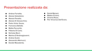 Presentazione realizzata da:
● Andrea Fornetto;
● Alessia Sebastiano;
● Alessio Paradisi;
● Alessio Di Giovacchino;
● Pedro Victor Sousa;
● Francesco Bellotti;
● Mattia Peccerillo;
● Filiberto Di Carlo;
● Nicholas Murri;
● Martina D’Andreagiovanni;
● Andrea Scalzi;
● Alessandro Marinucci;
● Davide Mazzatenta;
● Daniel Mariani;
● Matteo Di Iorio;
● Orianna Rizzo;
● Pier Vincenzo Dell’Erario.
 