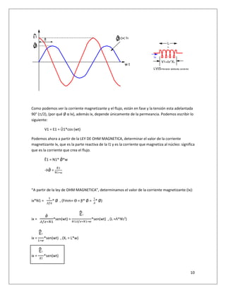 10
Como podemos ver la corriente magnetizante y el flujo, están en fase y la tensión esta adelantada
90° (∏/2), (por qué Ø α Ix), además ix, depende únicamente de la permeancia. Podemos escribir lo
siguiente:
V1 = E1 = Û1*cos (wt)
Podemos ahora a partir de la LEY DE OHM MAGNETICA, determinar el valor de la corriente
magnetizante Ix, que es la parte reactiva de la I1 y es la corriente que magnetiza al núcleo: significa
que es la corriente que crea el flujo.
Ê1 = N1* ØV*w
→ØV =
̂
∗ω
“A partir de la ley de OHM MAGNETICA”, determinamos el valor de la corriente magnetizante (Ix):
ix*N1 = * Ø , (Fmm= Ɵ = Ɽ* Ø = * Ø)
ix =
ØV
∗
*sen(wt) =
∗ ∗
*sen(wt) , (L =Λ*N12
)
ix =
∗
*sen(wt) , (XL = L*w)
ix = *sen(wt)
2
w t
E1 Ix
XL
ix
V1=Ix*XL
LVIS=tension adelanta corriente
L
E1
E1
E1
 