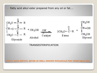 FATTY ACID METHYL ESTER IS WELL KNOWN MOILECULE FOR VEGETABLE OIL.
 Fatty acid alkyl ester prepared from any oil or fat….
TRANSESTERIFICATION
 