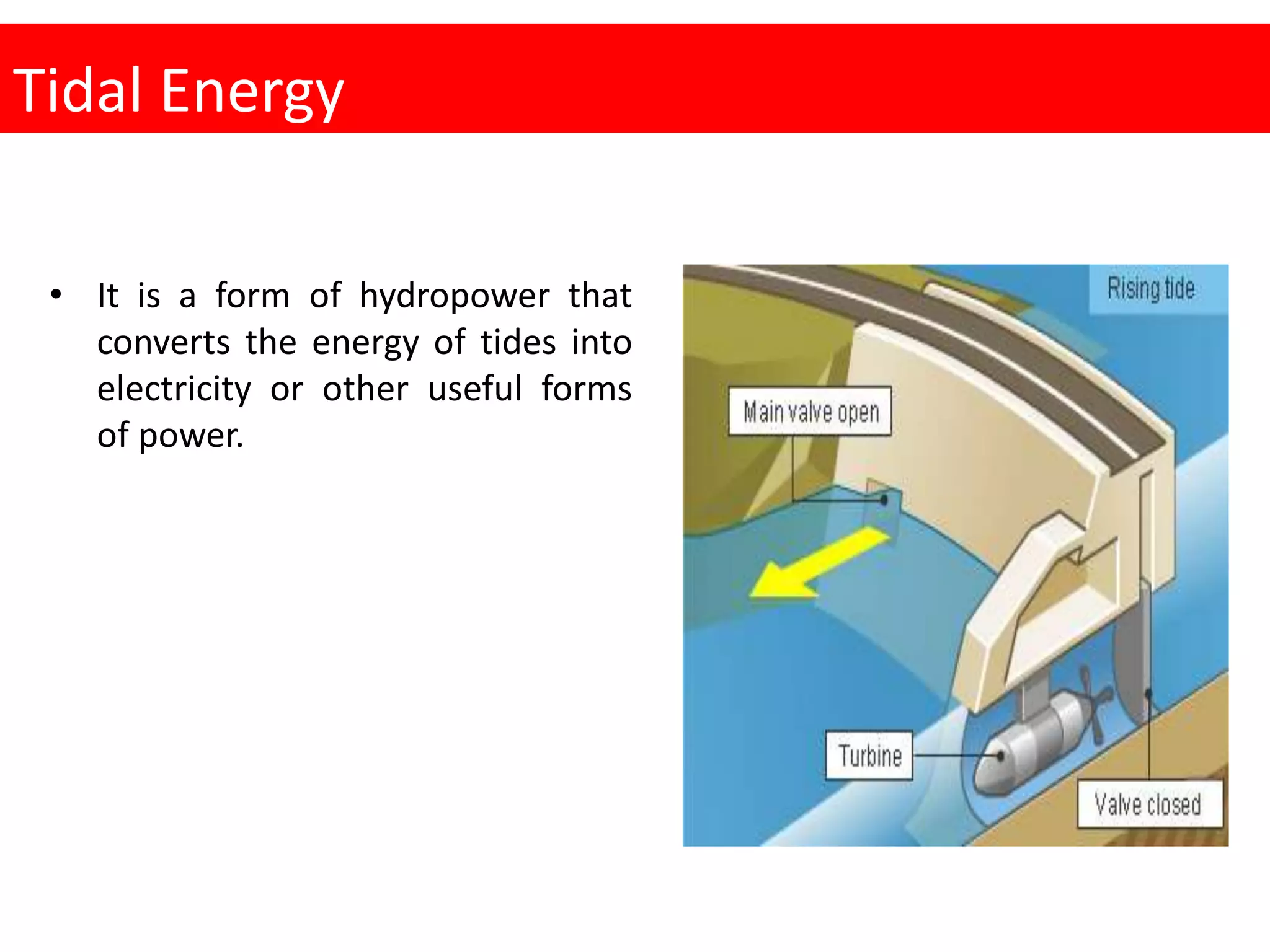 Tidal Energy
• It is a form of hydropower that
converts the energy of tides into
electricity or other useful forms
of power.
 