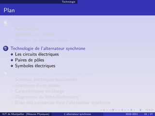 Technologie
Plan
1 Présentation
Applications
Définition et intérêts
Principe de fonctionnement
2 Technologie de l’alternateur synchrone
Les circuits électriques
Paires de pôles
Symboles électriques
3 Fonctionnement de l’alternateur synchrone
Schémas électriques équivalents
Grandeurs d’une phase
Caractéristique en charge
Diagramme de Behn-Eschenburg
Bilan des puissances dans l’alternateur synchrone
IUT de Montpellier (Mesures Physiques) L’alternateur synchrone 2010–2011 10 / 27
 