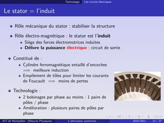 Technologie Les circuits électriques
Le stator = l’induit
Rôle mécanique du stator : stabiliser la structure
Rôle électro-magnétique : le stator est l’induit
Siège des forces électromotrices induites
Délivre la puissance électrique : circuit de sortie
Constitué de :
Cylindre ferromagnétique entaillé d’encoches
=⇒ meilleure induction
Empilement de tôles pour limiter les courants
de Foucault =⇒ moins de pertes
Technologie :
2 bobinages par phase au moins : 1 paire de
pôles / phase
Amélioration : plusieurs paires de pôles par
phase
Le stator
Le stator =
=
=
=
=
=
=
= l
l’
’inducteur
inducteur
Le stator (élément statique) = l’inducteur (qui crée le champ)
Relié au réseau
Constitué de :
! Cylindre ferromagnétique entaillé
d’encoches
! Empilement de tôles pour limiter les
courants de Foucault
Bobinages :
IUT de Montpellier (Mesures Physiques) L’alternateur synchrone 2010–2011 13 / 27
 