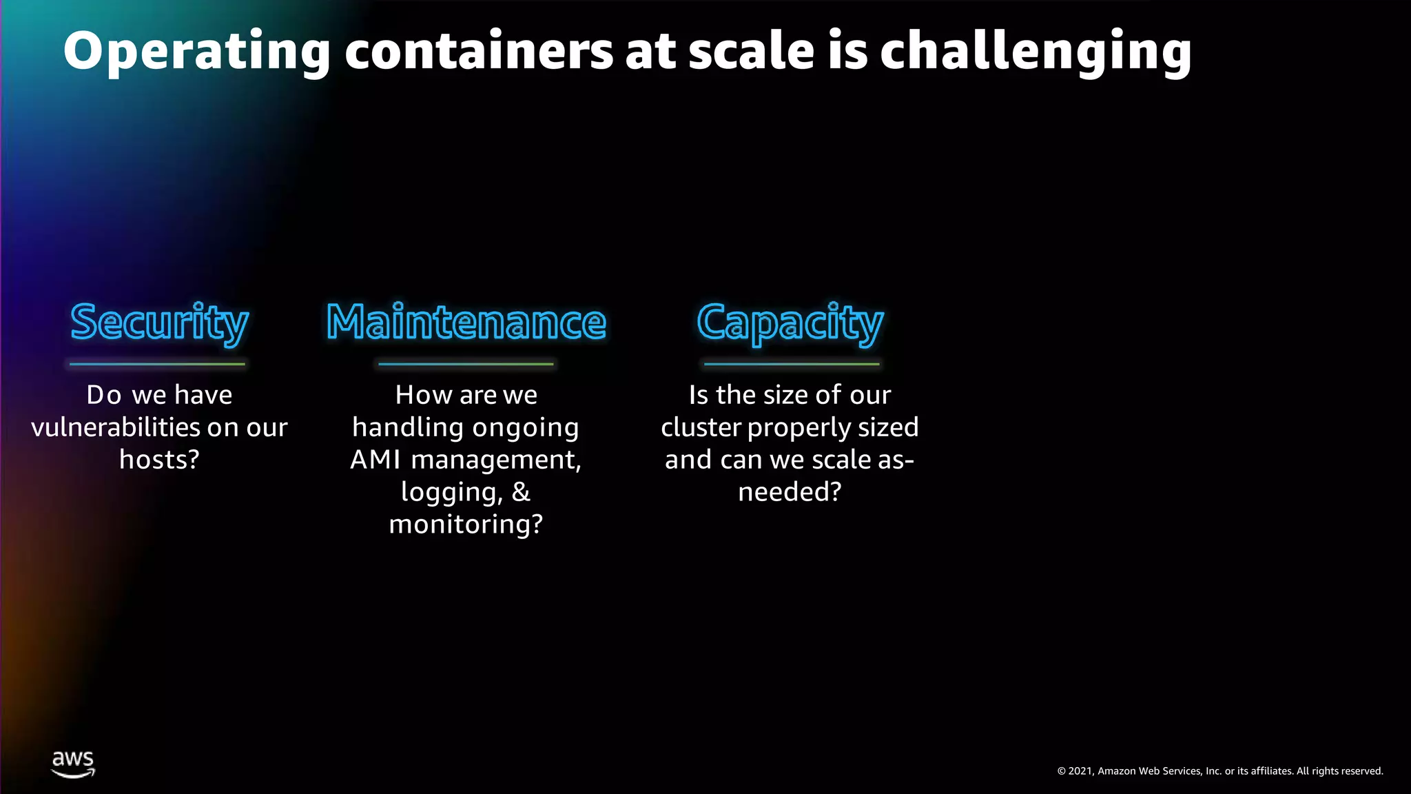 © 2021, Amazon Web Services, Inc. or its affiliates. All rights reserved.
Operating containers at scale is challenging
How are we
handling ongoing
AMI management,
logging, &
monitoring?
Do we have
vulnerabilities on our
hosts?
Is the size of our
cluster properly sized
and can we scale as-
needed?
 