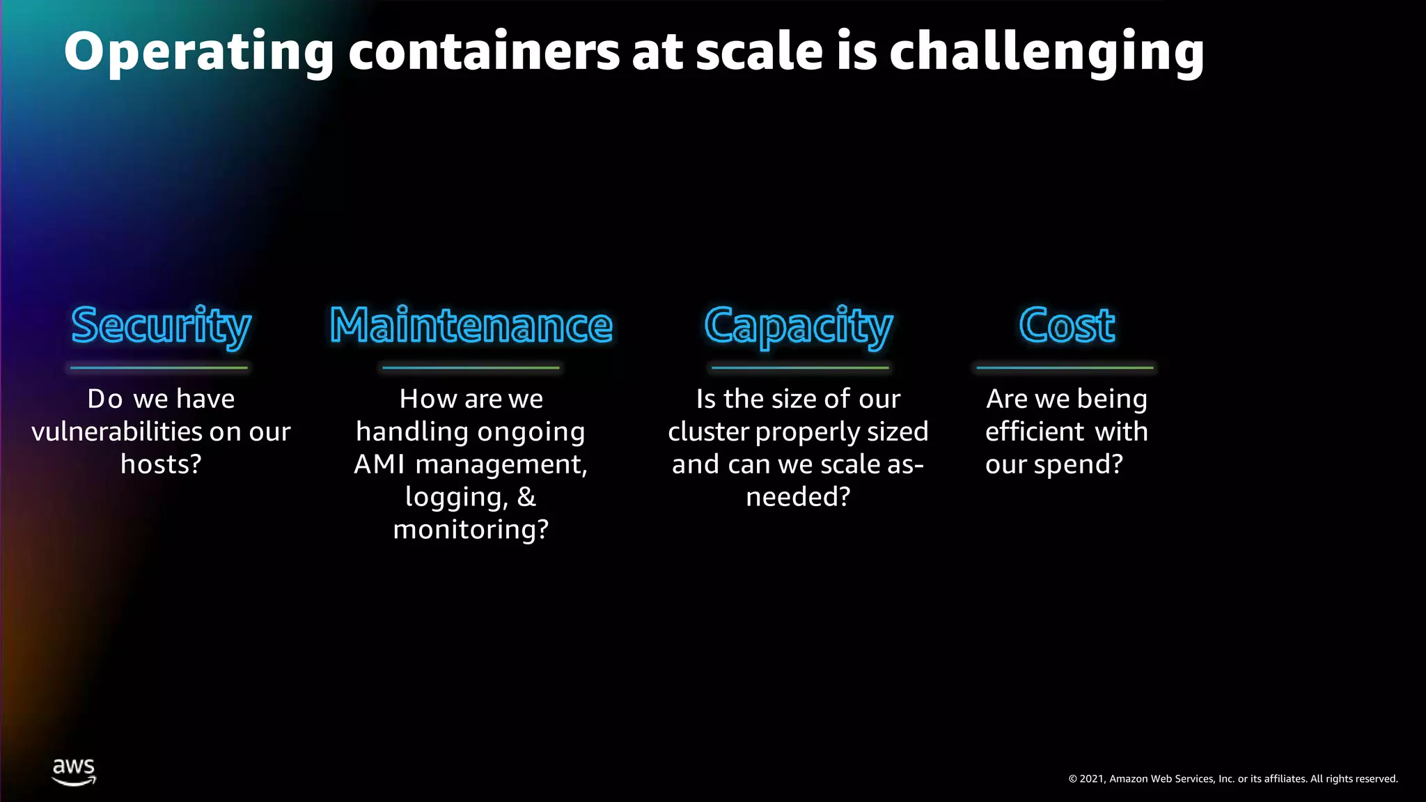 © 2021, Amazon Web Services, Inc. or its affiliates. All rights reserved.
Operating containers at scale is challenging
Are we being
efficient with
our spend?
How are we
handling ongoing
AMI management,
logging, &
monitoring?
Do we have
vulnerabilities on our
hosts?
Is the size of our
cluster properly sized
and can we scale as-
needed?
 