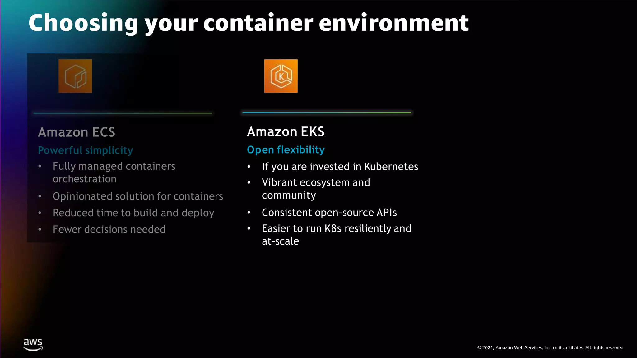 © 2021, Amazon Web Services, Inc. or its affiliates. All rights reserved.
Choosing your container environment
Amazon ECS
Powerful simplicity
• Fully managed containers
orchestration
• Opinionated solution for containers
• Reduced time to build and deploy
• Fewer decisions needed
Amazon EKS
Open flexibility
• If you are invested in Kubernetes
• Vibrant ecosystem and
community
• Consistent open-source APIs
• Easier to run K8s resiliently and
at-scale
 