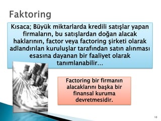FaktoringKısaca; Büyük miktarlarda kredili satışlar yapan firmaların, bu satışlardan doğan alacak haklarının, factor veya factoring şirketi olarak adlandırılan kuruluşlar tarafından satın alınması esasına dayanan bir faaliyet olarak tanımlanabilir…Factoring bir firmanın alacaklarını başka bir finansal kuruma devretmesidir.10