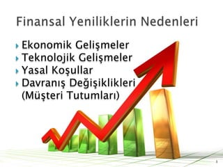 Finansal Yeniliklerin NedenleriEkonomik GelişmelerTeknolojik GelişmelerYasal KoşullarDavranış Değişiklikleri               (Müşteri Tutumları)3