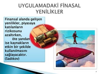UYGULAMADAKİ FİNASAL YENİLİKLERFinansal alanda gelişen yenilikler, piyasaya katılanların              rizikosunu       azaltırken,                            öte yandan                      ise kaynakların             etkin bir şekilde kullanılmasını sağlayacaktır.(Sadıkov)4