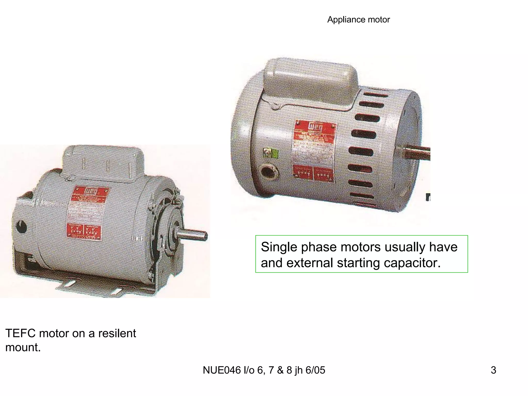 Single phase motors usually have and external starting capacitor. Appliance motor TEFC motor on a resilent mount. 