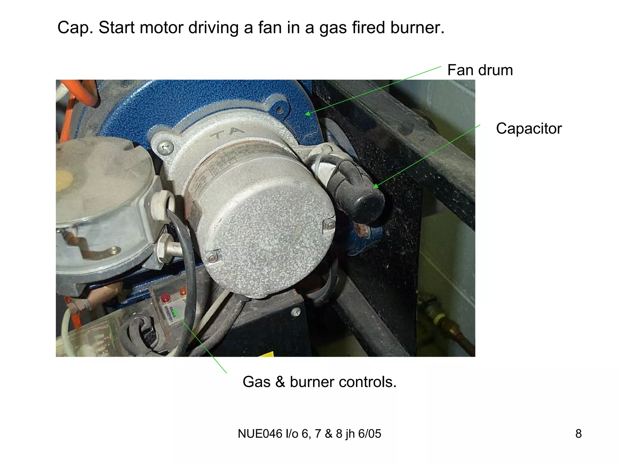 Cap. Start motor driving a fan in a gas fired burner. Capacitor Fan drum Gas & burner controls. 