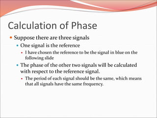 Calculation of Phase
 Suppose there are three signals
 One signal is the reference
 I have chosen the reference to be the signal in blue on the
following slide
 The phase of the other two signals will be calculated
with respect to the reference signal.
 The period of each signal should be the same, which means
that all signals have the same frequency.
 