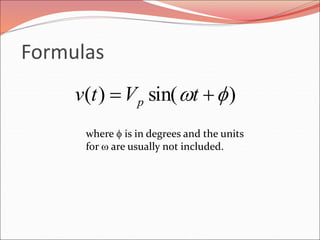 Formulas
)sin()( f  tVtv p
where f is in degrees and the units
for  are usually not included.
 