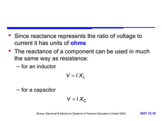  Since reactance represents the ratio of voltage to
current it has units of ohms
 The reactance of a component can be used in much
the same way as resistance:
– for an inductor
V = I XL

– for a capacitor
V = I XC
Storey: Electrical & Electronic Systems © Pearson Education Limited 2004

OHT 15.10

 
