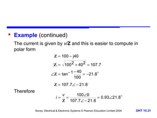  Example (continued)
The current is given by v/Z and this is easier to compute in
polar form
Z = 100 − j40
Z = 100 2 + 40 2 = 107.7
∠Z = tan − 1

− 40
= −21.8
100

Z = 107.7∠ − 21.8 

Therefore
i=

v
100∠0
=
= 0.93∠21.8
Z 107.7∠ − 21.8

Storey: Electrical & Electronic Systems © Pearson Education Limited 2004

OHT 15.31

 