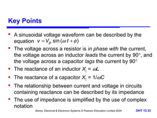 Key Points
 A sinusoidal voltage waveform can be described by the
equation v = Vp sin (ω t + φ )
 The voltage across a resistor is in phase with the current,
the voltage across an inductor leads the current by 90°, and
the voltage across a capacitor lags the current by 90°
 The reactance of an inductor XL = ωL
 The reactance of a capacitor XC = 1/ωC
 The relationship between current and voltage in circuits
containing reactance can be described by its impedance
 The use of impedance is simplified by the use of complex
notation
Storey: Electrical & Electronic Systems © Pearson Education Limited 2004

OHT 15.33

 