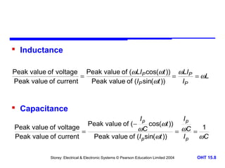  Inductance
Peak value of voltage Peak value of (ωLIP cos(ωt )) ωLIP
=
=
= ωL
Peak value of current
Peak value of (IP sin(ωt ))
IP

 Capacitance
Peak value of voltage
=
Peak value of current

Peak value of ( −

Ip

cos(ωt ))

ωC
Peak value of (I p sin(ωt ))

Storey: Electrical & Electronic Systems © Pearson Education Limited 2004

Ip

1
= ωC =
Ip
ωC
OHT 15.8

 