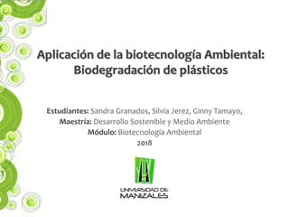 Estudiantes: Sandra Granados, Silvia Jerez, Ginny Tamayo,
Maestría: Desarrollo Sostenible y Medio Ambiente
Módulo: Biotecnología Ambiental
2018
Aplicación de la biotecnología Ambiental:
Biodegradación de plásticos
 