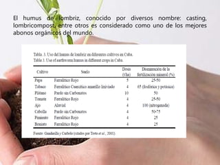 El humus de lombriz, conocido por diversos nombre: casting,
lombricompost, entre otros es considerado como uno de los mejores
abonos orgánicos del mundo.
 