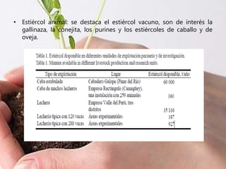 • Estiércol animal: se destaca el estiércol vacuno, son de interés la
gallinaza, la conejita, los purines y los estiércoles de caballo y de
oveja.
 