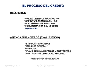 EL PROCESO DEL CREDITO
REQUISITOS
* UNIDAD DE NEGOCIO OPERATIVA
* OPERATIVIDAD MÍNIMA P.N / P.J.
* DOCUMENTACIÓN PERSONAL
* DOCUMENTACIÓN DEL NEGOCIO
* GARANTIAS

ANEXOS FINANCIEROS (EVAL. RIESGO)
* ESTADOS FINANCIEROS

* BALANCE GENERAL*
* EEPPGG*
* FLUJO DE CAJA HISTORICO Y PROYECTADO
* DECLARACIÓN JURADA PATRIMONIAL
* FIRMADOS POR C.P.C. HABILITADO

Feria del Emprendedor

Mg. Luís Ángel Fabián Sotelo

26

 