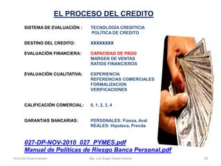 EL PROCESO DEL CREDITO
SISTEMA DE EVALUACIÓN :

TECNOLOGÍA CREDITICIA
POLÍTICA DE CREDITO

DESTINO DEL CREDITO:

XXXXXXXX

EVALUACIÓN FINANCIERA:

CAPACIDAD DE PAGO
MARGEN DE VENTAS
RATIOS FINANCIEROS

EVALUACIÓN CUALITATIVA:

EXPERIENCIA
REFERENCIAS COMERCIALES
FORMALIZACION
VERIFICACIONES

CALIFICACIÓN COMERCIAL:

0, 1, 2, 3, 4

GARANTIAS BANCARIAS:

PERSONALES: Fianza, Aval
REALES: Hipoteca, Prenda

027-DP-NOV-2010_027_PYMES.pdf
Manual de Políticas de Riesgo Banca Personal.pdf
Feria del Emprendedor

Mg. Luís Ángel Fabián Sotelo

28

 