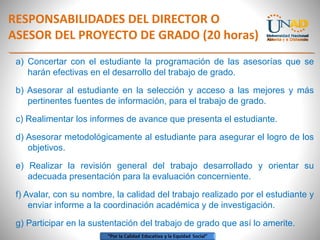RESPONSABILIDADES DEL DIRECTOR O
ASESOR DEL PROYECTO DE GRADO (20 horas)
a) Concertar con el estudiante la programación de las asesorías que se
harán efectivas en el desarrollo del trabajo de grado.
b) Asesorar al estudiante en la selección y acceso a las mejores y más
pertinentes fuentes de información, para el trabajo de grado.
c) Realimentar los informes de avance que presenta el estudiante.
d) Asesorar metodológicamente al estudiante para asegurar el logro de los
objetivos.
e) Realizar la revisión general del trabajo desarrollado y orientar su
adecuada presentación para la evaluación concerniente.
f) Avalar, con su nombre, la calidad del trabajo realizado por el estudiante y
enviar informe a la coordinación académica y de investigación.
g) Participar en la sustentación del trabajo de grado que así lo amerite.
 