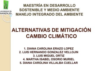 ALTERNATIVAS DE MITIGACIÓN
CAMBIO CLIMÁTICO
1. DIANA CAROLINA ERAZO LOPEZ
2. LUIS HERNANDO GONZALEZ VELLOJIN
3. LUIS MIGUEL ORTIZ
4. MARTHA ISABEL OSORIO MURIEL
5. DIANA CAROLINA VILLALBA CUELLAR
MAESTRÍA EN DESARROLLO
SOSTENIBLE Y MEDIO AMBIENTE
MANEJO INTEGRADO DEL AMBIENTE
 