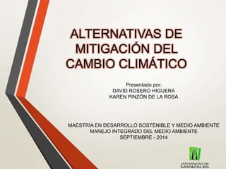 ALTERNATIVAS DE 
MITIGACIÓN DEL 
CAMBIO CLIMÁTICO 
Presentado por: 
DAVID ROSERO HIGUERA 
KAREN PINZÓN DE LA ROSA 
VICTORIA RODRIGUEZ OBANDO 
MAESTRÍA EN DESARROLLO SOSTENIBLE Y MEDIO AMBIENTE 
MANEJO INTEGRADO DEL MEDIO AMBIENTE 
SEPTIEMBRE - 2014 
 