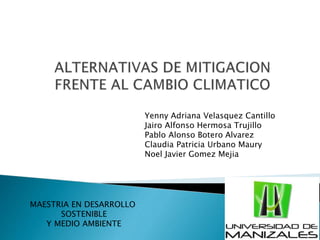 MAESTRIA EN DESARROLLO 
SOSTENIBLE 
Y MEDIO AMBIENTE 
Yenny Adriana Velasquez Cantillo 
Jairo Alfonso Hermosa Trujillo 
Pablo Alonso Botero Alvarez 
Claudia Patricia Urbano Maury 
Noel Javier Gomez Mejia 
 