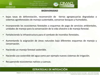 MANEJO INTEGRADO DEL MEDIO AMBIENTE
Grupo 5: Nathalia Apraez Muñoz - José Fernando Bedoya Fernández - Mauricio Eslava Mujica - Carlos Eduardo Hurtado Suzunaga - Jairo Marín Barragán
Maestrantes Medio ambiente y Desarrollo Sostenible
BIODIVERSIDAD
• bajas tasas de deforestación, reconversión de tierras agropecuarias degradadas a
sistemas agroforestales de manejo sustentable, conservar bosques y humedales.
• Incorporando los ecosistemas forestales a esquemas de pago de servicios ambientales,
unidades de manejo para la conservación de la vida silvestre o de manejo forestal.
• Fortaleciendo la infraestructura para el combate de incendios forestales.
• Aumentando la asignación de áreas naturales bajo diferentes esquemas de manejo y
conservación.
• Haciendo un manejo forestal sostenible.
• Haciendo uso sostenible del agua como por ejemplo nuevos sistemas de irrigación.
• Recuperando ecosistemas nativos y cuencas.
ESTRATEGIAS DE MITIGACIÓN
 