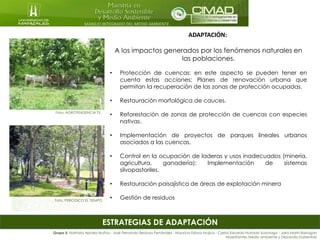 MANEJO INTEGRADO DEL MEDIO AMBIENTE
ESTRATEGIAS DE ADAPTACIÓN
ADAPTACIÓN:
A los impactos generados por los fenómenos naturales en
las poblaciones.
• Protección de cuencas: en este aspecto se pueden tener en
cuenta estas acciones: Planes de renovación urbana que
permitan la recuperación de las zonas de protección ocupadas.
• Restauración morfológica de cauces.
• Reforestación de zonas de protección de cuencas con especies
nativas.
• Implementación de proyectos de parques lineales urbanos
asociados a las cuencas.
• Control en la ocupación de laderas y usos inadecuados (minería,
agricultura, ganadería): Implementación de sistemas
silvopastoriles.
• Restauración paisajística de áreas de explotación minera
• Gestión de residuos
Grupo 5: Nathalia Apraez Muñoz - José Fernando Bedoya Fernández - Mauricio Eslava Mujica - Carlos Eduardo Hurtado Suzunaga - Jairo Marín Barragán
Maestrantes Medio ambiente y Desarrollo Sostenible
Foto: AGROTENDENCIA TV.
Foto: PERIODICO EL TIEMPO
 