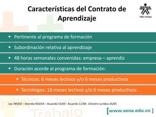  Pertinente al programa de formación
 Subordinación relativa al aprendizaje
 48 horas semanales convenidas: empresa – aprendiz
 Duración acorde al programa de formación:
 Técnicos: 6 meses lectivos y/o 6 meses productivos
 Tecnólogos: 18 meses lectivos y/o 6 meses productivos
Ley 789/02 – Decreto 933/03 – Acuerdo 15/03 - Acuerdo 11/08 - Directriz Jurídica 26/05
Características del Contrato de
Aprendizaje
 