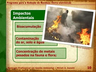 10
Impactos
Ambientais
Bioacumulação
Contaminação
do ar, solo e água
Concentração de metais
pesados na fauna e flora;
Programa para a Redução de Resíduos Eletro-eletrônicos
Mestrado Profissional em Gestão Ambiental – Mirieli A. Zanetti
 