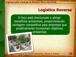 19
Programa para a Redução de Resíduos Eletro-eletrônicos
Mestrado Profissional em Gestão Ambiental – Mirieli A. Zanetti
O foco está direcionado a atingir
benefícios ambientais, proporcionando
vantagem competitiva para empresas que
proativamente incorporam objetivos
ambientais
Logística Reversa
 