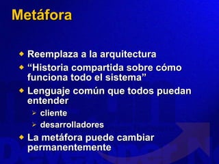 Metáfora Reemplaza a la arquitectura “ Historia compartida sobre cómo funciona todo el sistema” Lenguaje común que todos puedan entender cliente desarrolladores La metáfora puede cambiar permanentemente 