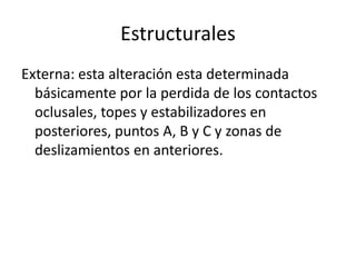 Estructurales 
Externa: esta alteración esta determinada 
básicamente por la perdida de los contactos 
oclusales, topes y estabilizadores en 
posteriores, puntos A, B y C y zonas de 
deslizamientos en anteriores. 
 
