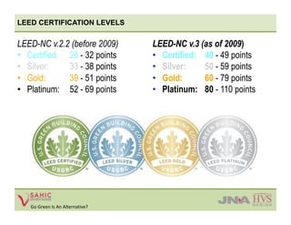 LEED CERTIFICATION LEVELS

                                  LEED-NC v.3 (as of 2009)
                                  •  Certified: 40 - 49 points
                                  •  Silver:    50 - 59 points
                                  •  Gold:      60 - 79 points
                                  •  Platinum: 80 - 110 points




   Go Green Is An Alternative? 
 