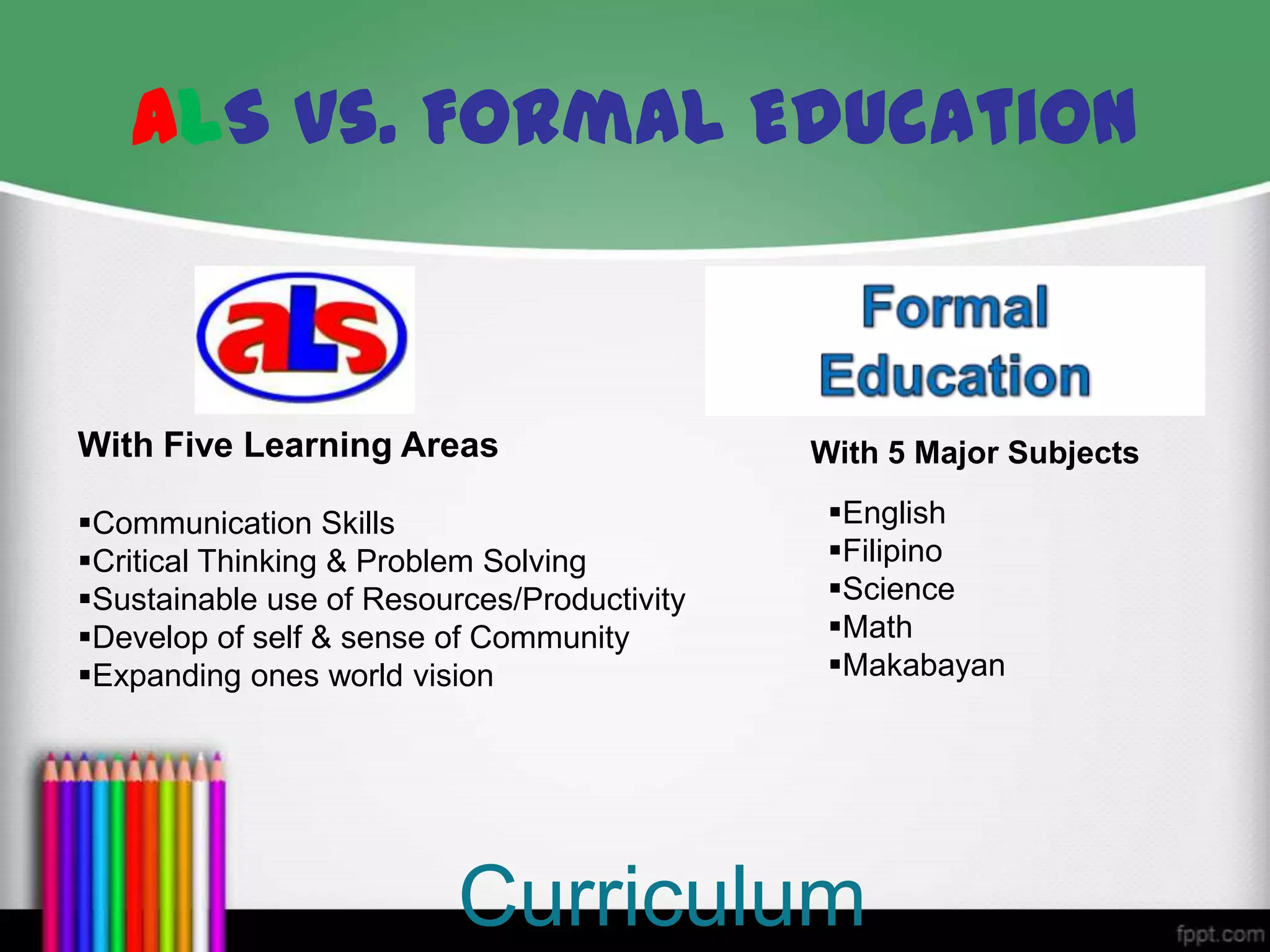 ALS vs. Formal Education
Curriculum
With Five Learning Areas
Communication Skills
Critical Thinking & Problem Solving
Sustainable use of Resources/Productivity
Develop of self & sense of Community
Expanding ones world vision
With 5 Major Subjects
English
Filipino
Science
Math
Makabayan
 