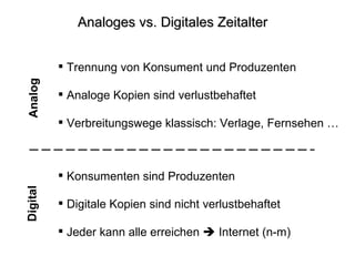Analoges vs. Digitales Zeitalter Trennung von Konsument und Produzenten Analoge Kopien sind verlustbehaftet Verbreitungswege klassisch: Verlage, Fernsehen … Konsumenten sind Produzenten Digitale Kopien sind nicht verlustbehaftet Jeder kann alle erreichen    Internet (n-m) Analog Digital 
