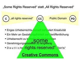 Ein Mehr an Gestaltungsfreiheit zur Veröffentlichung Urheberrecht zu komplex für Nichtjuristen D e u t l i c he Sichtbarkeit der „Do‘s“ and „Don‘ts“  Enges Urheberrechts-Korsett behindert Kreativität  „ Some Rights Reserved“ statt „All Rights Reserved“  „ all rights reserved“   Public Domain PD C CC Genehmigungsprozesse zu langwierig „ some   rights reserved“   Creative Commons   
