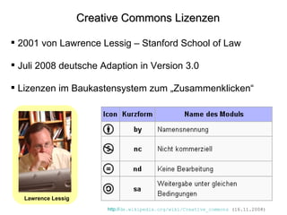 Creative Commons Lizenzen 2001 von Lawrence Lessig – Stanford School of Law Juli 2008 deutsche Adaption in Version 3.0 Lizenzen im Baukastensystem zum „Zusammenklicken“ http:// de.wikipedia.org/wiki/Creative_commons  (16.11.2008) Lawrence Lessig 