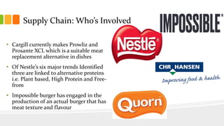 Supply Chain: Who’s Involved
• Cargill currently makes Prowliz and
Prosante XCL which is a suitable meat
replacement alternative in dishes
• Of Nestle’s six major trends Identified
three are linked to alternative proteins
i.e. Plant based, High Protein and Free-
from
• Impossible burger has engaged in the
production of an actual burger that has
meat texture and flavour
 