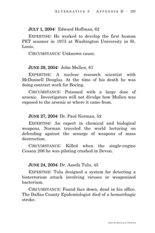 A L T E R N A T I V E 3 ∙ A P P E N D I X D ∙ 205
A R C H I M E D E S P R E S S
JULY 1, 2004: Edward Hoffman, 62
EXPERTISE: He worked to develop the first human
PET scanner in 1973 at Washington University in St.
Louis.
CIRCUMSTANCE: Unknown cause.
JUNE 29, 2004: John Mullen, 67
EXPERTISE: A nuclear research scientist with
McDonnell Douglas. At the time of his death he was
doing contract work for Boeing.
CIRCUMSTANCE: Poisoned with a large dose of
arsenic. Investigators will not divulge how Mullen was
exposed to the arsenic or where it came from.
JUNE 27, 2004: Dr. Paul Norman, 52
EXPERTISE: An expert in chemical and biological
weapons, Norman traveled the world lecturing on
defending against the scourge of weapons of mass
destruction.
CIRCUMSTANCE: Killed when the single-engine
Cessna 206 he was piloting crashed in Devon.
JUNE 24, 2004: Dr. Assefa Tulu, 45
EXPERTISE: Tulu designed a system for detecting a
bioterrorism attack involving viruses or weaponized
bacterium.
CIRCUMSTANCE: Found face down, dead in his office.
The Dallas County Epidemiologist died of a hemorrhagic
stroke.
 
